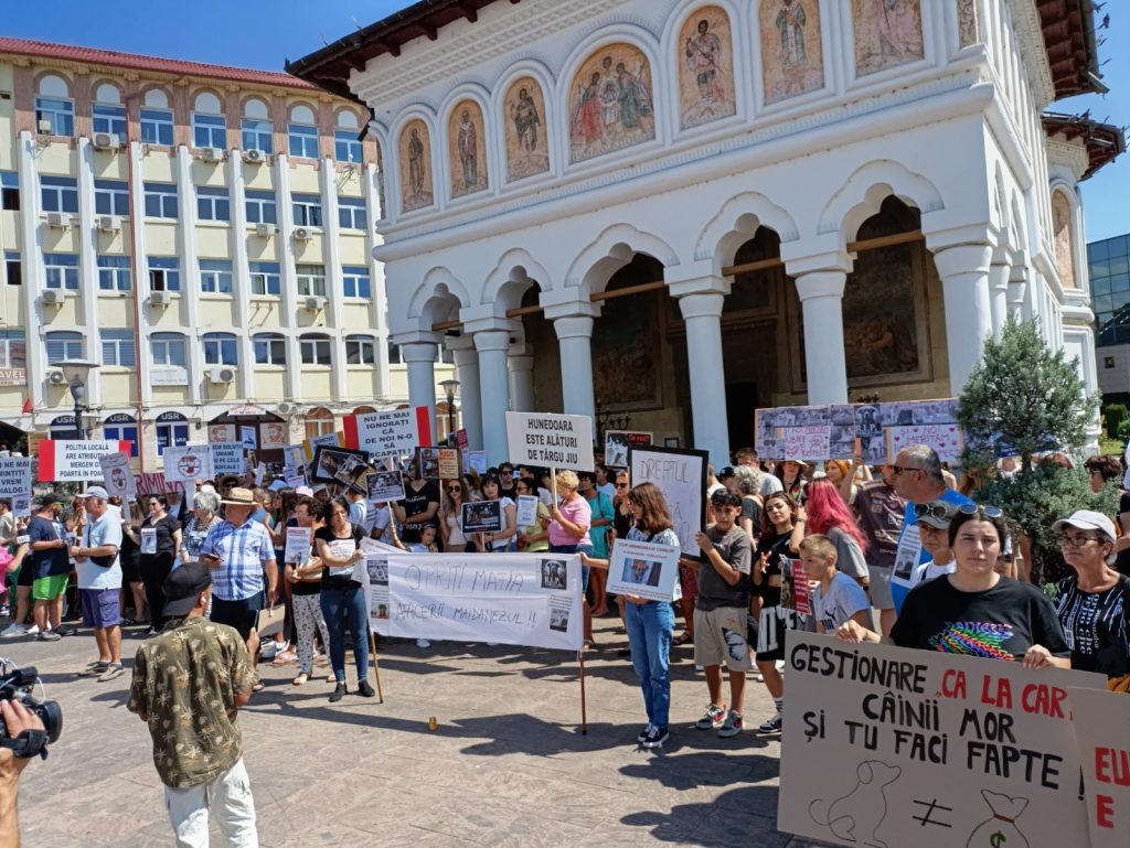 VIDEO Sute de iubitori ai animalelor din toată țara au protestat la Târgu Jiu împotriva eutanasierii. Reprezentanții protestatarilor, ținuți la ușile Primăriei Tg. Jiu